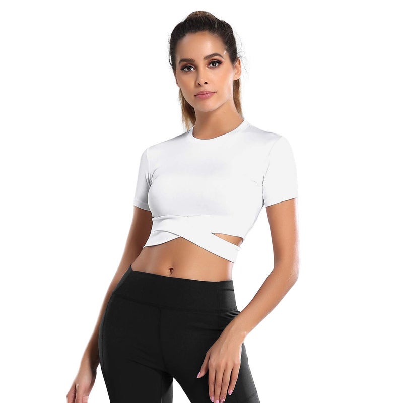 DREAM SLIM Short Sleeve Crop Tops for Women Tummy Cross Fitted Yoga Gym Tops Lightweight Workout Cropped Tank Top (White, L) - Image 3